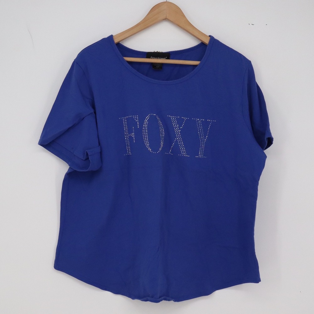 Ashley Stewart T-Shirt Womens 22/24 Graphic Blue Rhinestone Foxy Excellent